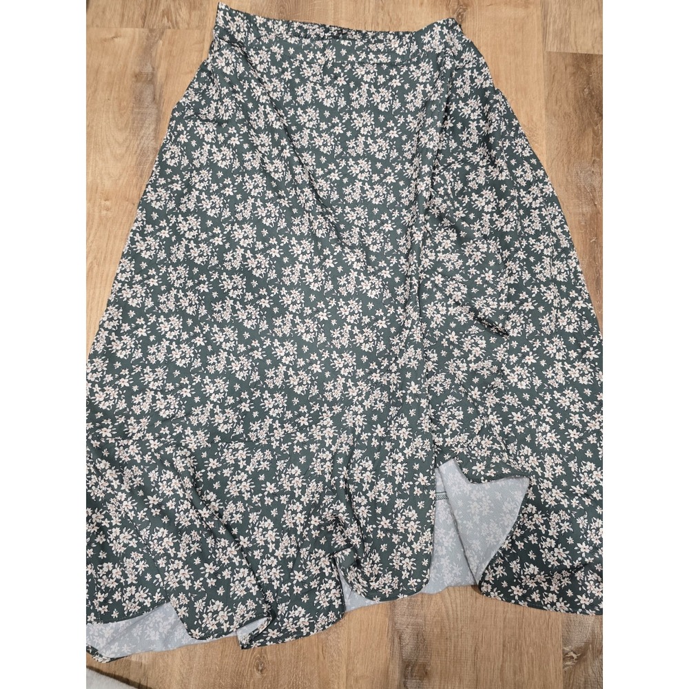 Wishlist Women's Floral Print Wrap Maxi Skirt S Small Green Cream Slit High Low